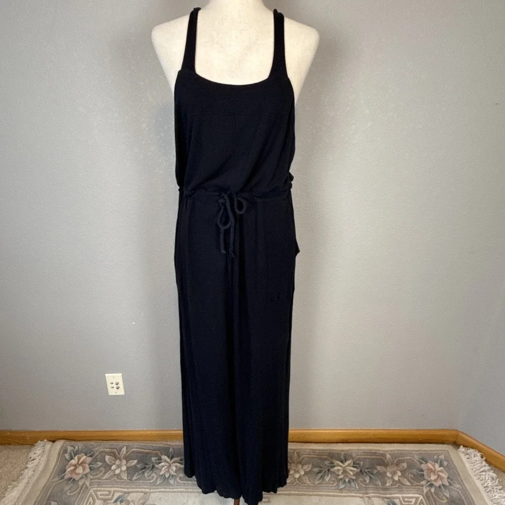 Free People Beach Salopette Shelby Wide Leg Jumpsuit Overall Size M Black Pocket